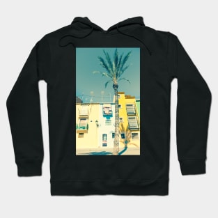 Retro faded image row of pastel colored terrace style traditional Mediterranean homes Hoodie